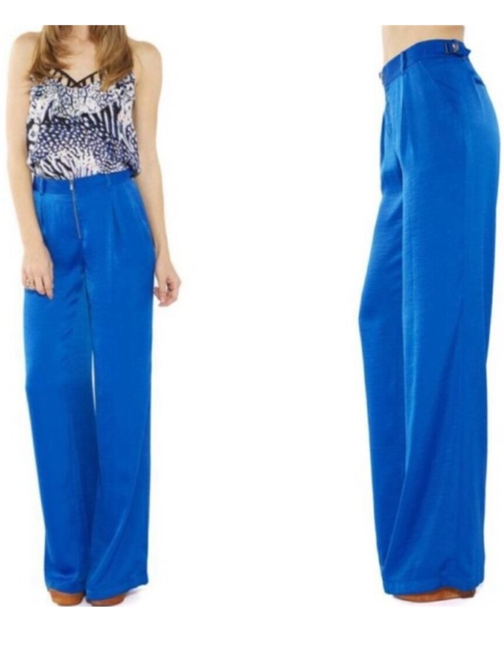 NWT BCBGMaxAzria Robbie Larkspur Blue High-Waisted Wide Leg Pants Size Medium